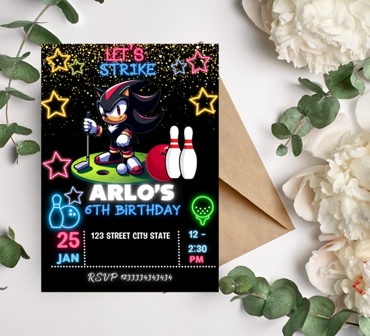 Sonic & Shadow Neon Golf & Bowling Birthday Invitation | Glow Party Invite | Editable Canva Template | Sonic Gaming Birthday Printable