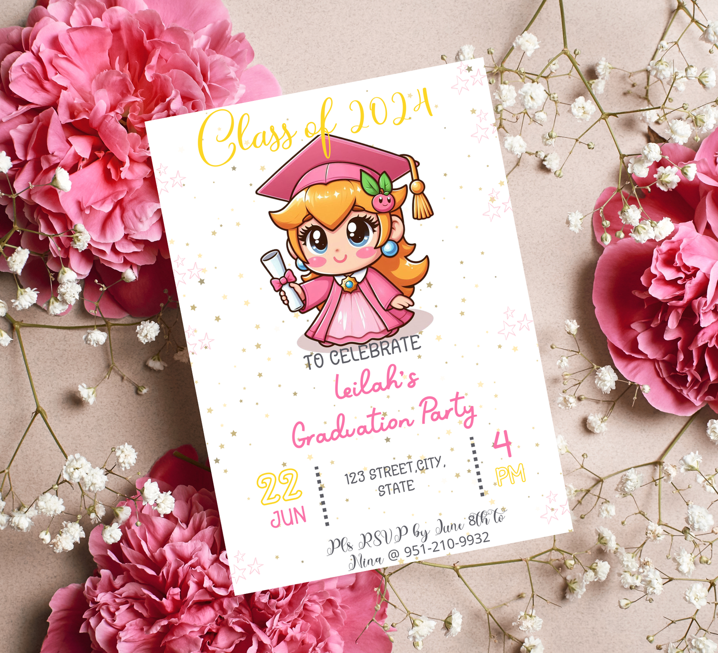 Princess Peach Mario Brothers Graduation Invitation | Kindergarten & School Invite | Editable Canva Template | Level Up