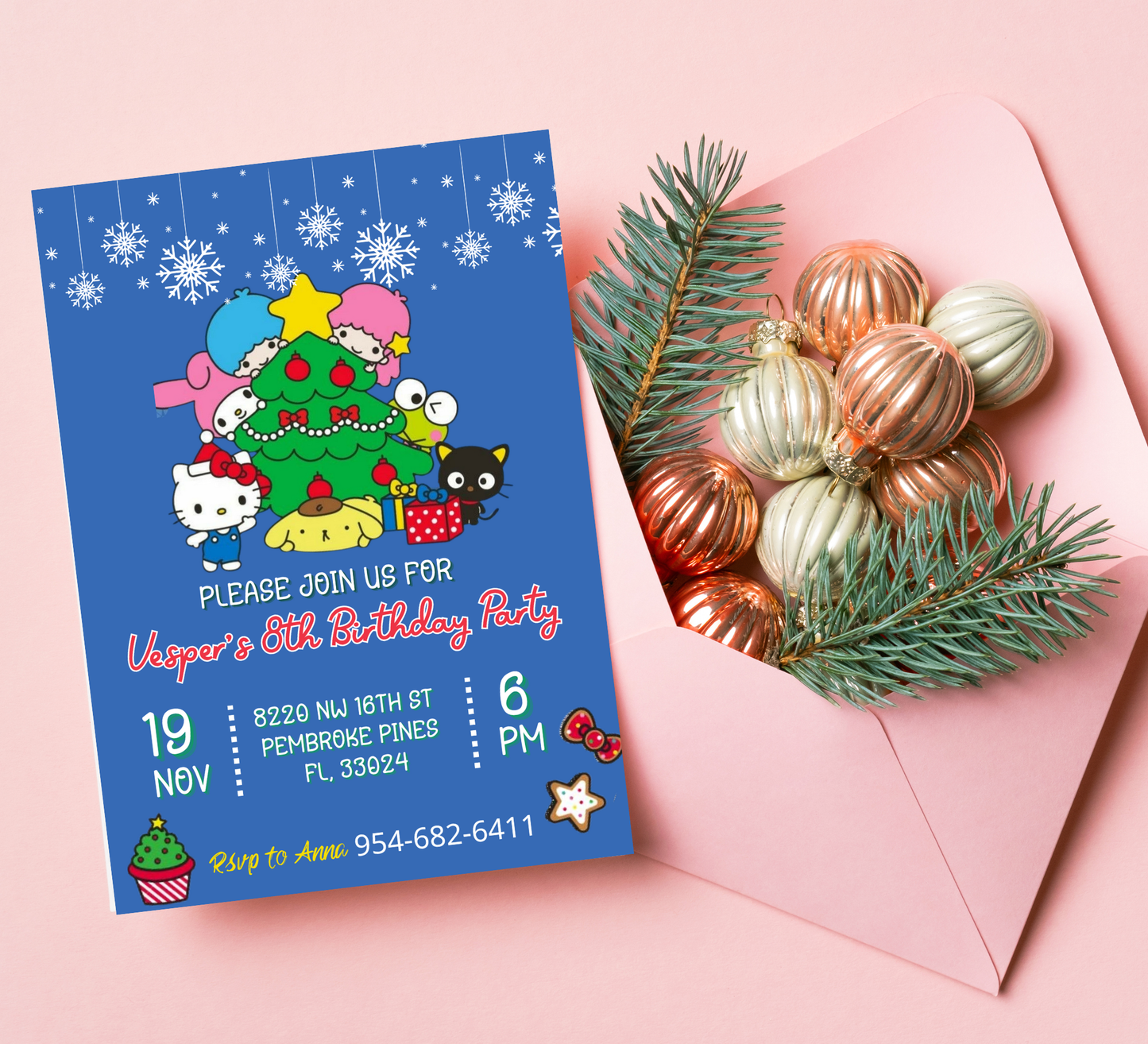 Hello Kitty & Friends Christmas Winter Birthday Invitation | Kawaii Holiday Party | Editable Template