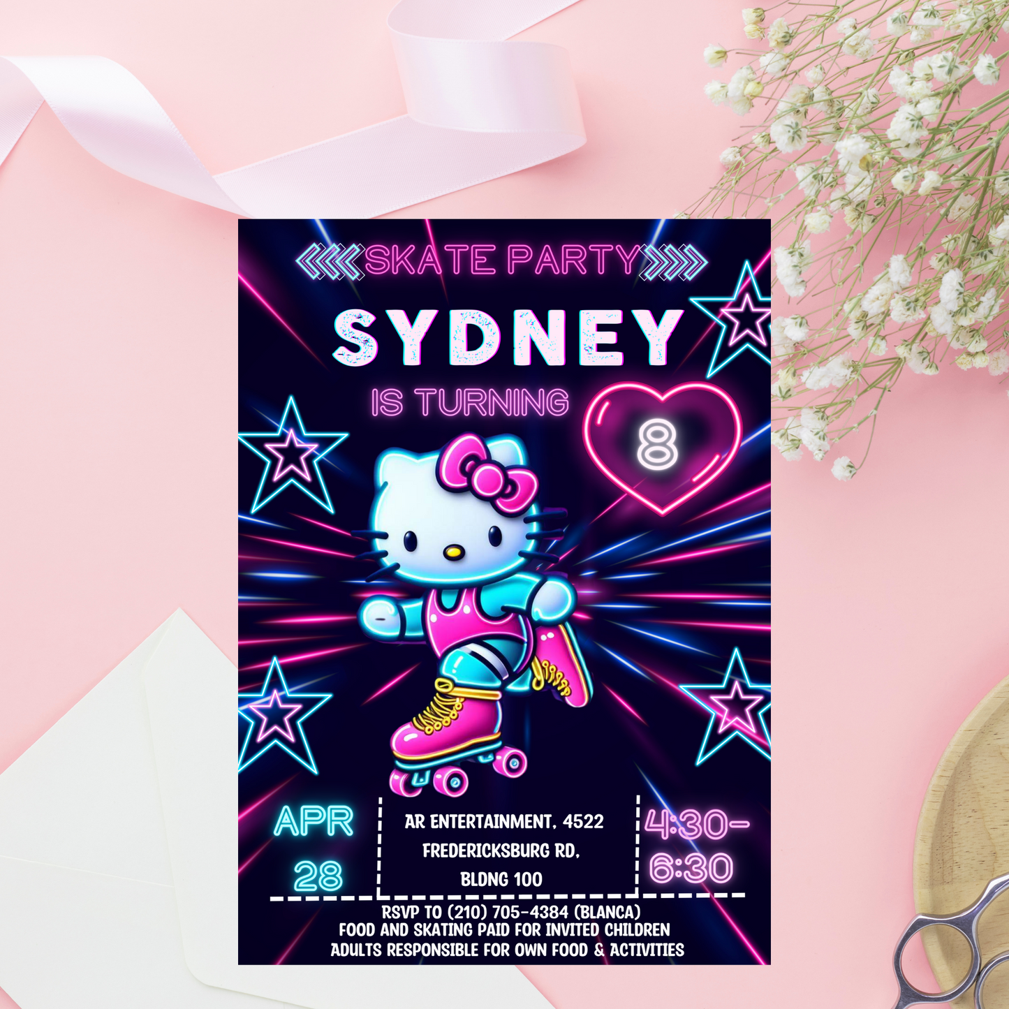 Hello Kitty Neon Roller Skating Birthday Invitation | Fun & Customizable Glow Party Invite