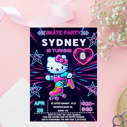 Hello Kitty Neon Roller Skating Birthday Invitation | Fun & Customizable Glow Party Invite