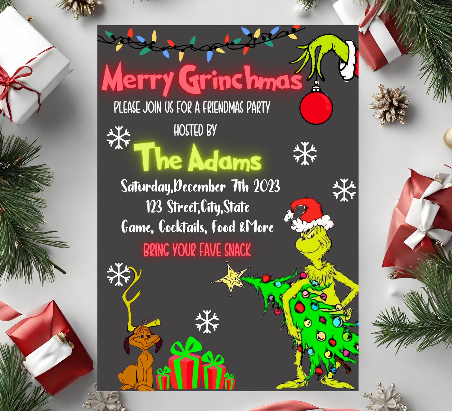 Grinch Merry Grinchmas Neon Party Invitation | Bright Christmas Invite | Editable Template