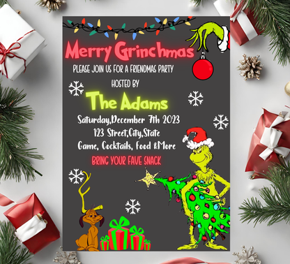 Grinch Merry Grinchmas Neon Party Invitation | Bright Christmas Invite | Editable Template