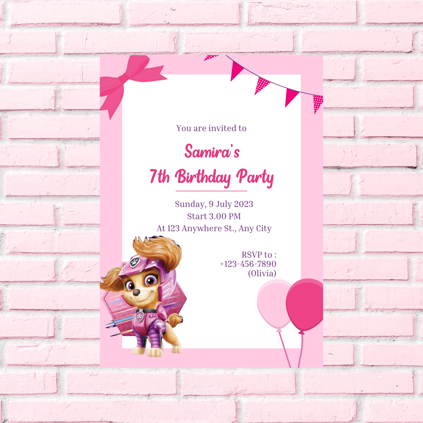 Paw Patrol Skye Pink Birthday Invitation | Girl Puppy Party Invite | Editable Template