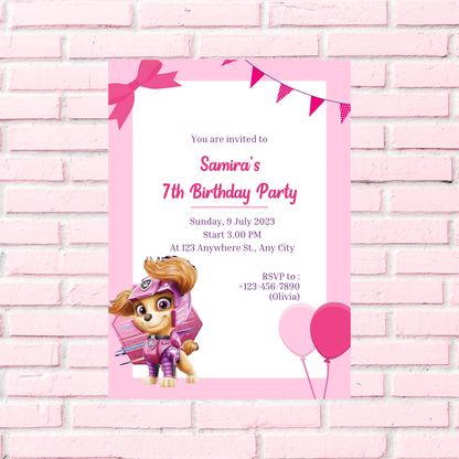 Paw Patrol Skye Pink Birthday Invitation | Girl Puppy Party Invite | Editable Template