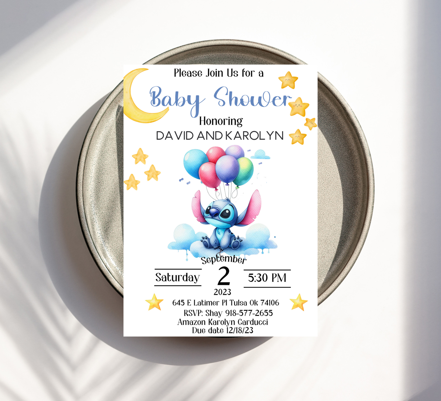 Stitch With Balloons Baby Shower Watercolor Invitation | Cute Baby Shower | Editable Canva Template