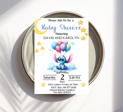 Stitch With Balloons Baby Shower Watercolor Invitation | Cute Baby Shower | Editable Canva Template