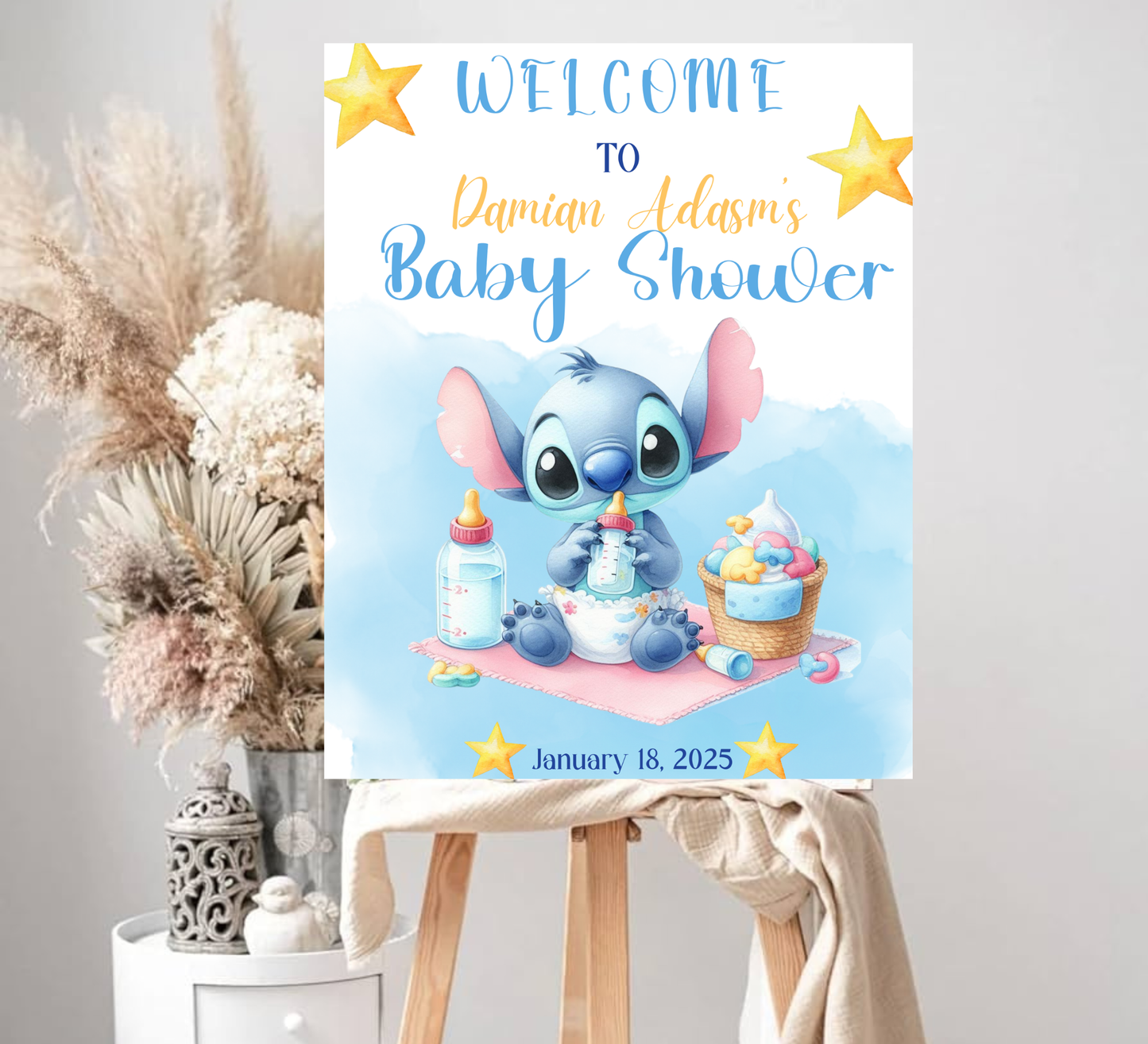 Stitch Watercolor Baby Shower Welcome Sign – Editable Canva Template – Add Your Photo! – Blue Tropical Ohana Baby Shower Decor – Soft Pastel Coastal Welcome Poster