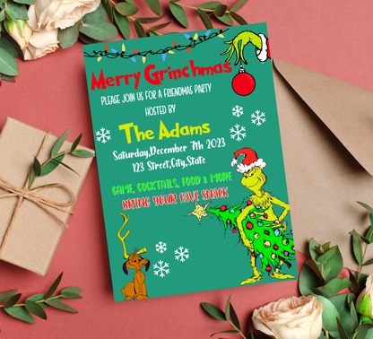 Grinch Green Christmas Invitation | Merry Grinchmas Holiday Party Invite | Editable Template