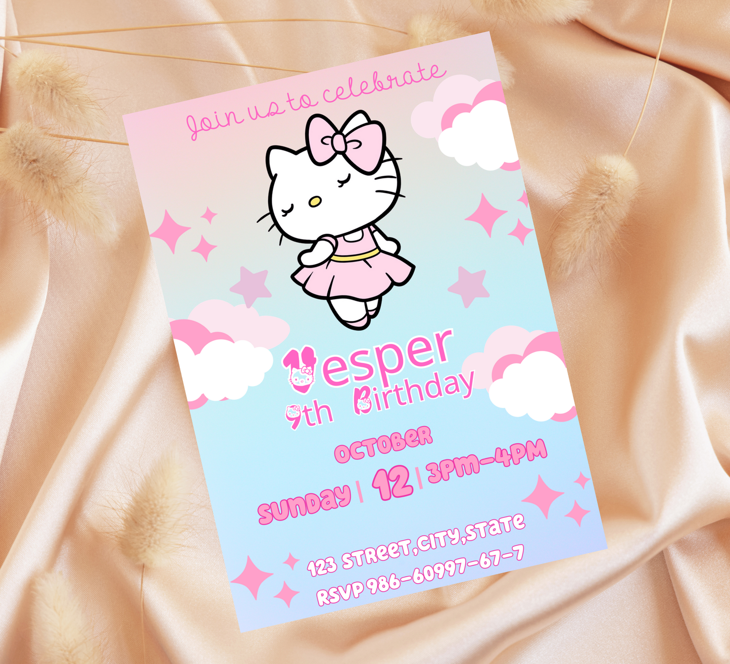 Hello Kitty Ballet Pastel Birthday Invitation | Kawaii Ballerina Party | Editable Template