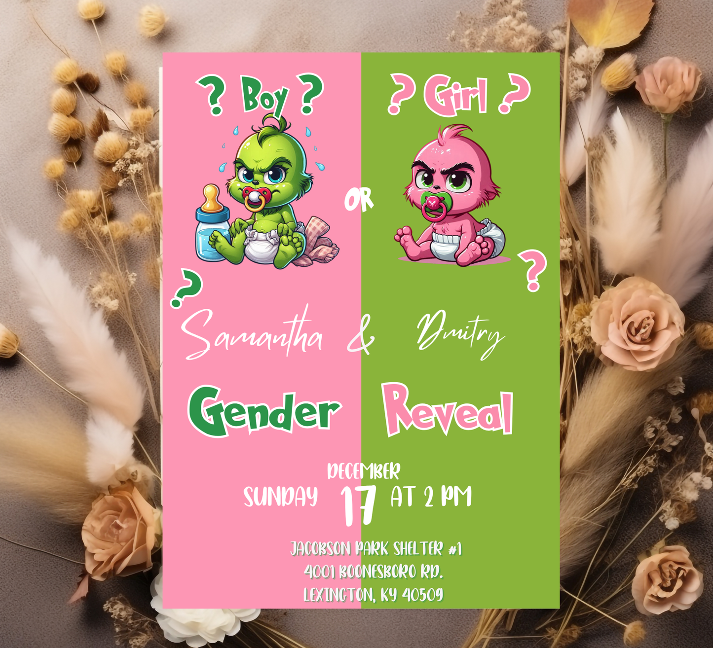 Grinch Pink & Green Christmas Gender Reveal Invitation | Cute Holiday Reveal | Editable Template