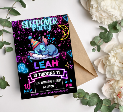 Stitch Neon Sleepover Birthday Invitation 🌙✨ | Glow Slumber Party Invite | Editable Canva Template