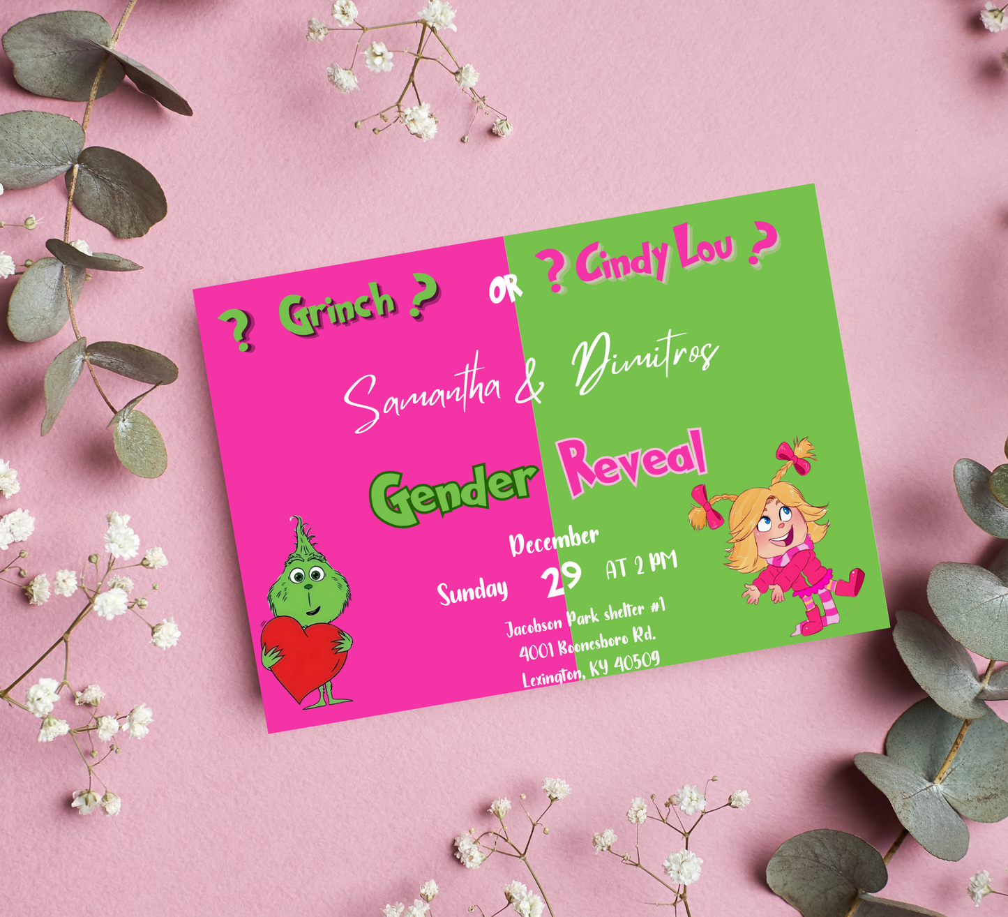 Grinch & Cindy Lou Gender Reveal Invitation | Pink & Green Christmas Reveal | Editable Template