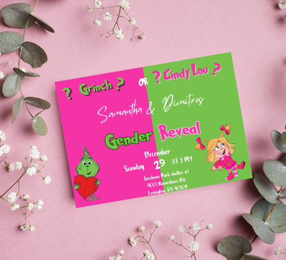 Grinch & Cindy Lou Gender Reveal Invitation | Pink & Green Christmas Reveal | Editable Template