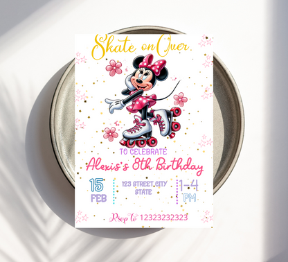 Minnie Mouse Pink Roller Skating Birthday Invitation | Cute Roller Rink Party | Editable Canva Template | Girls Skating Birthday Invite