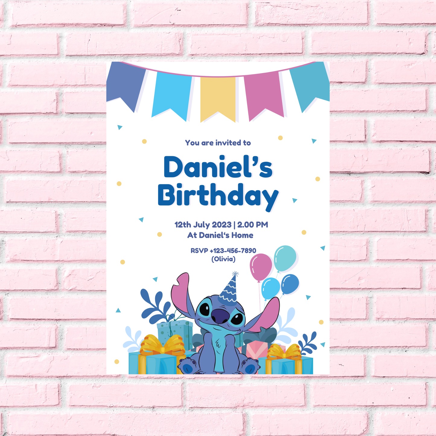 Stitch Blue Birthday Invitation 💙🎉 | Cute Kids Party Invite | Editable Digital Template