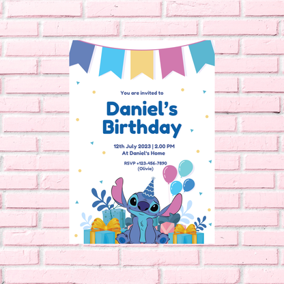 Stitch Blue Birthday Invitation 💙🎉 | Cute Kids Party Invite | Editable Digital Template