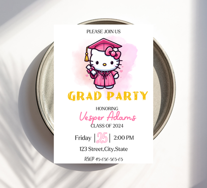 Hello Kitty Graduation Invitation | Kindergarten & School Celebration | Editable Canva Template