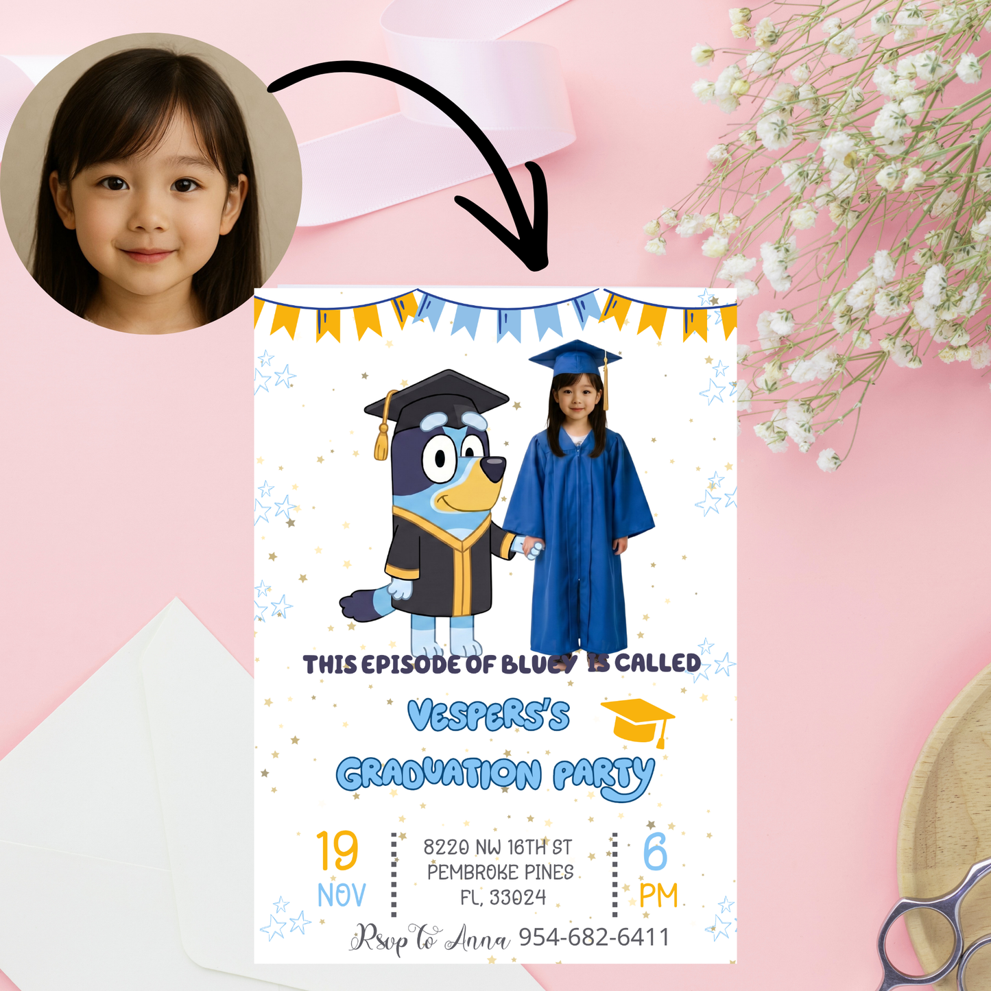 Bluey Kindergarten Graduation Invite with Photo | Cute School Milestone Canva Template 🎓🐾✨ – Kids Summer Splash Birthday Printable (Copy)