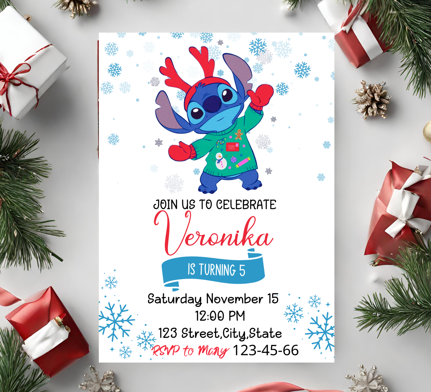 Stitch Christmas Birthday Winter Invitation | Holiday Party Invite | Editable Template