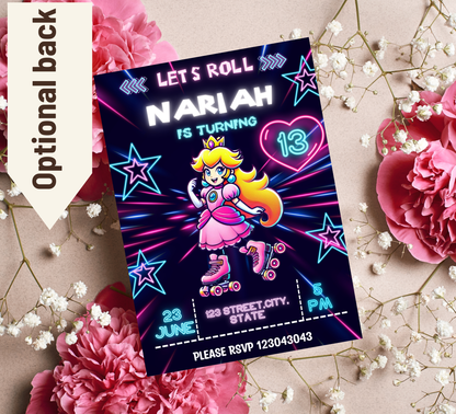 Mario Brothers Princess Peach Roller Skating Neon Birthday Invitation | Glow Party Editable Canva Template