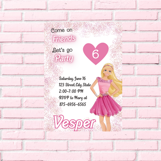 Barbie Glitter Pink Birthday Invitation | Glam Doll Party Invite | Editable Canva Template | Sparkly Pink Barbie Birthday Invitation