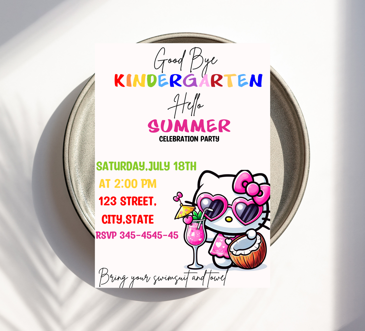 Hello Kitty Goodbye Kindergarten Hello Summer Pool Party Invitation | Cute End of School Invite | Editable Canva Template | Kawaii Summer Swim Invitation