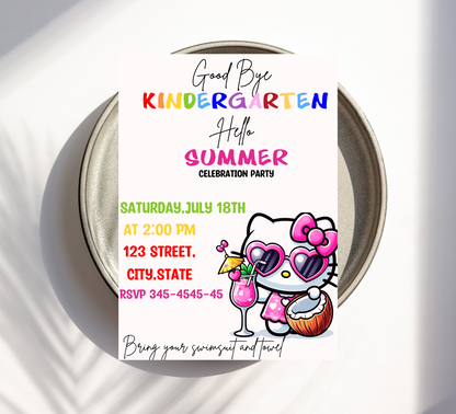 Hello Kitty Goodbye Kindergarten Hello Summer Pool Party Invitation | Cute End of School Invite | Editable Canva Template | Kawaii Summer Swim Invitation