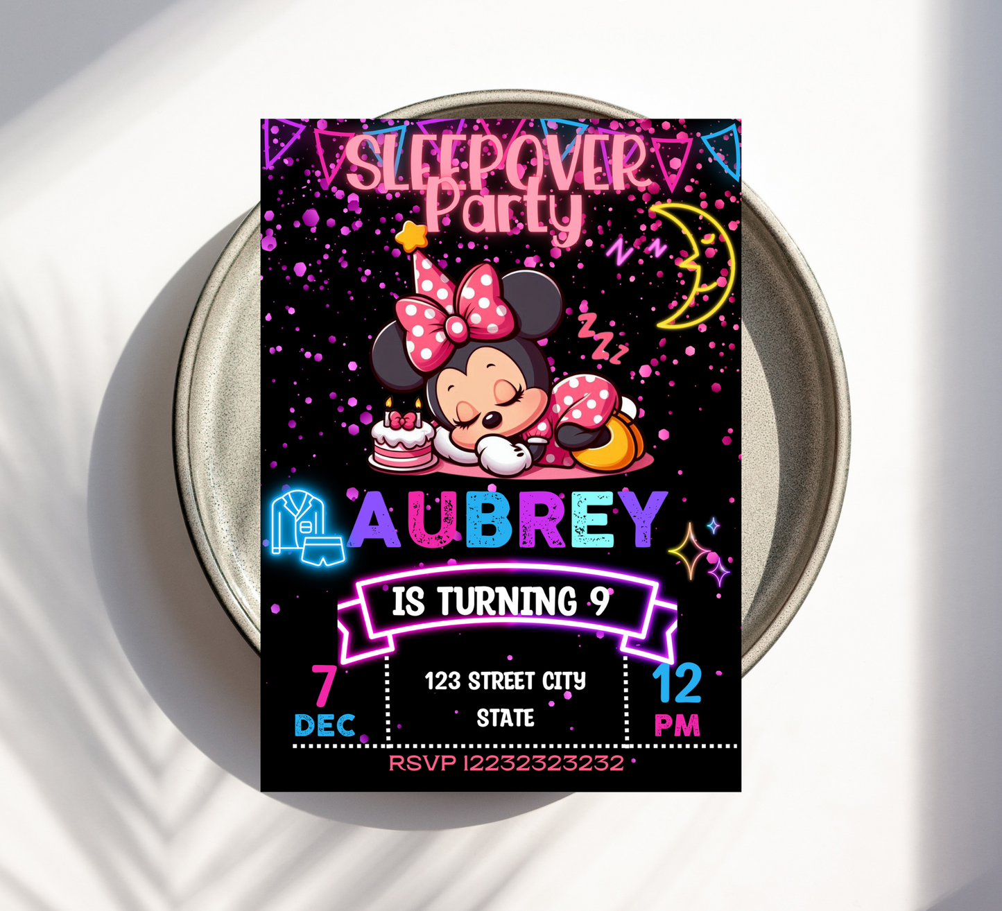 Minnie Mouse Neon Sleepover Birthday Invitation | Slumber Party Glow Invite | Editable Canva Template | Cute Pajama Party Printable