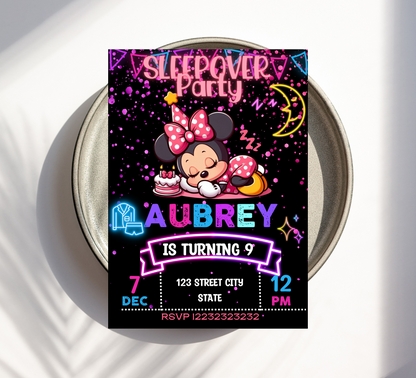 Minnie Mouse Neon Sleepover Birthday Invitation | Slumber Party Glow Invite | Editable Canva Template | Cute Pajama Party Printable