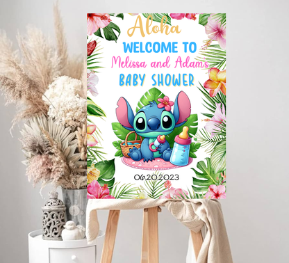 Stitch Aloha Baby Shower Welcome Sign | Tropical Hawaii Baby Shower Decor | Editable Canva Template | Ohana Welcome Poster Printable