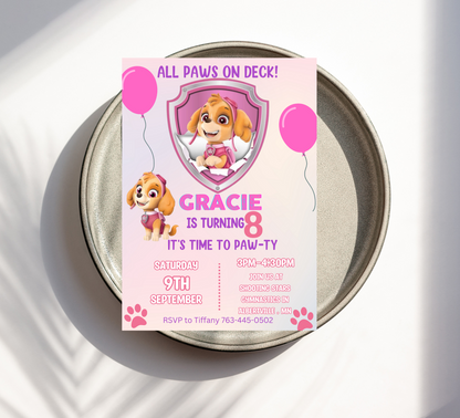 Paw Patrol Skye Pink Birthday Invitation | Editable Canva Template | Girls Paw Patrol Party Invite | Printable Kids Birthday Invitation