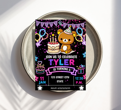 Rilakkuma Kawaii Neon Birthday Invitation | Cute Glow Party Invite | Editable Canva Template | Neon Bear Birthday Printable