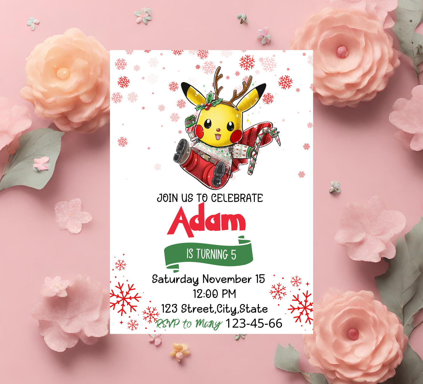 Pikachu Pokémon Winter Birthday Invitation | Snowy Party Invite | Editable Template