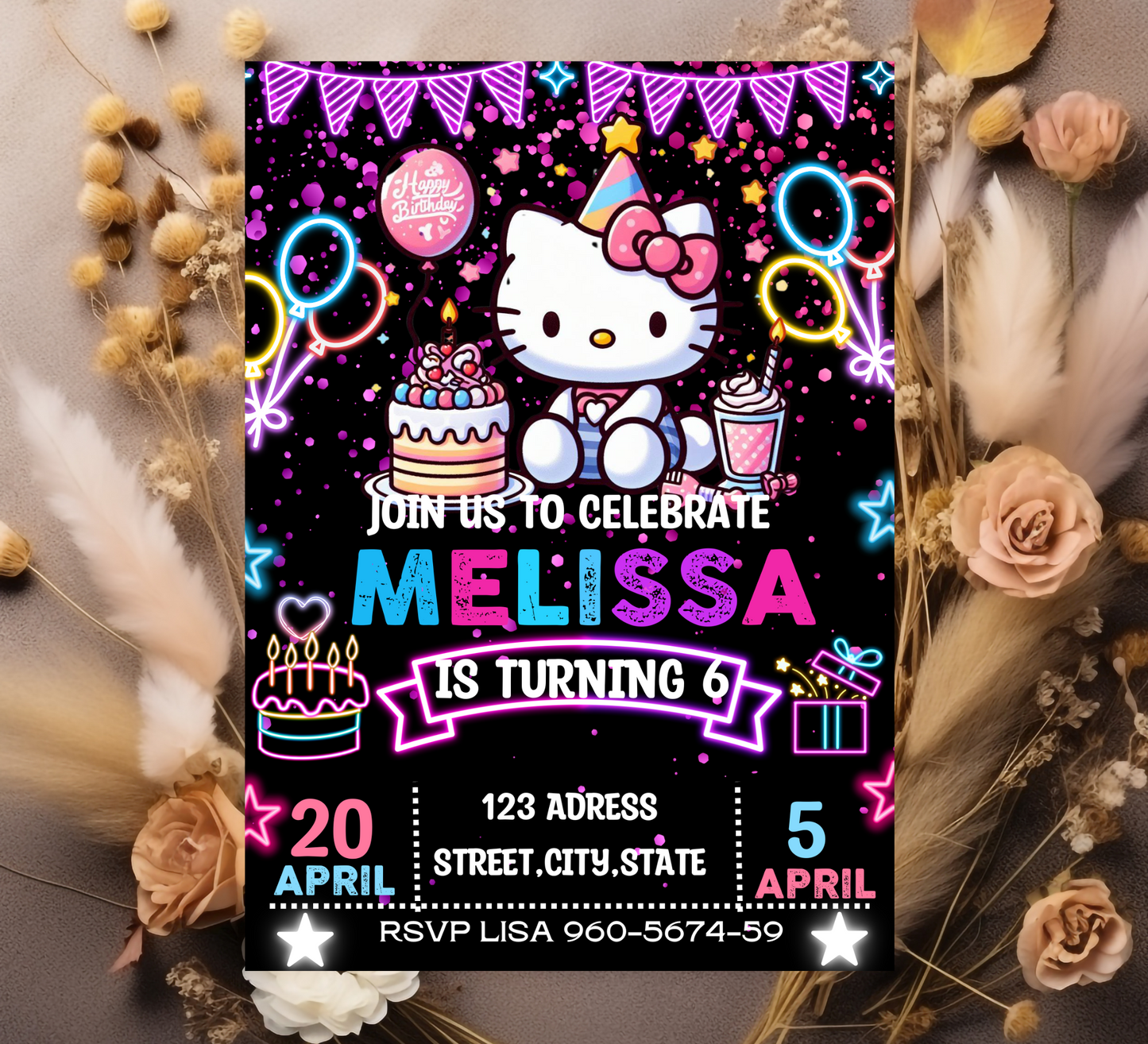 Hello Kitty Neon Birthday Invitation | Editable Glow Party Invite | Kawaii Girls Birthday Printable Template