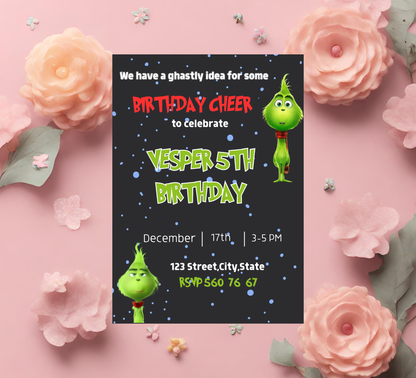 Grinch Christmas Winter Birthday Invitation | Grinchmas Party Invite | Editable Template