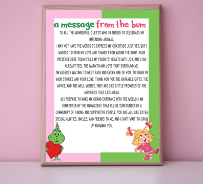 Grinch & Cindy Lou “Message From the Bump” Baby Shower Template | Editable Canva Gender Neutral Baby Sign | Christmas Baby Shower Printable