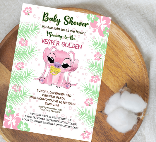 Stitch Pink Baby Shower Invitation | Cute Girl Baby Shower Invite | Editable Canva Template | Kawaii Stitch Baby Shower Printable