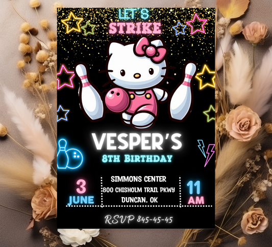 Hello Kitty Bowling Party Invitation | Editable Canva Template | Kawaii Bowling Invite | Printable Non-Birthday Party Invitation