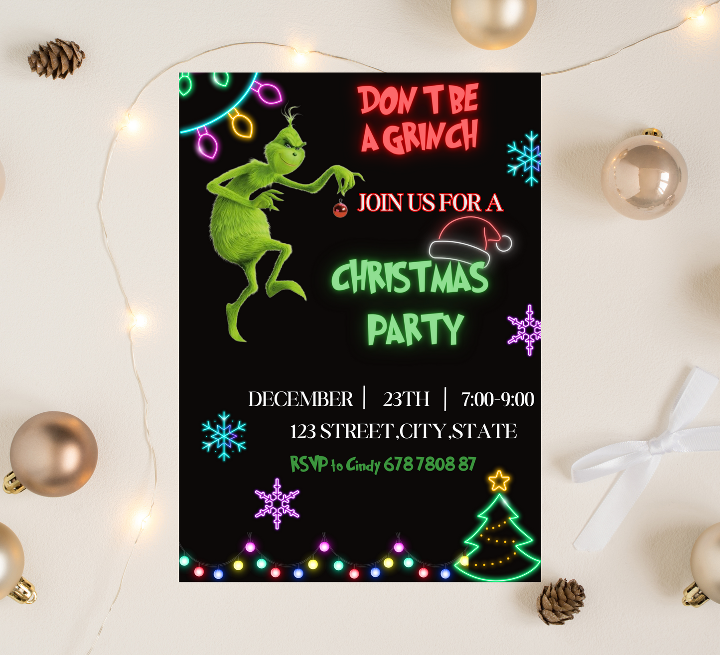 Grinch Neon Green Christmas Party Invitation | Bright Grinchmas Invite | Editable Template