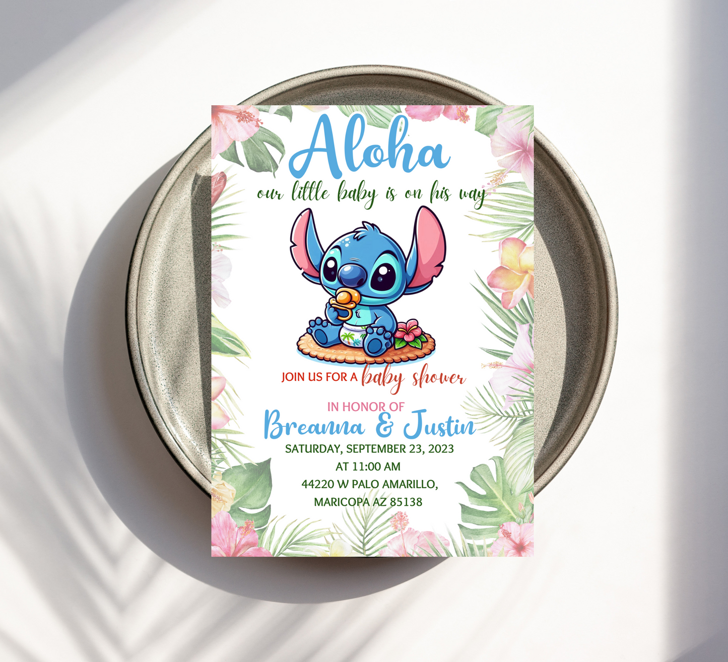Aloha Baby Shower Stitch Tropical Invitation | Editable Canva Template | Kawaii Hawaiian Baby Party Invite | Printable Gender Neutral Baby Shower