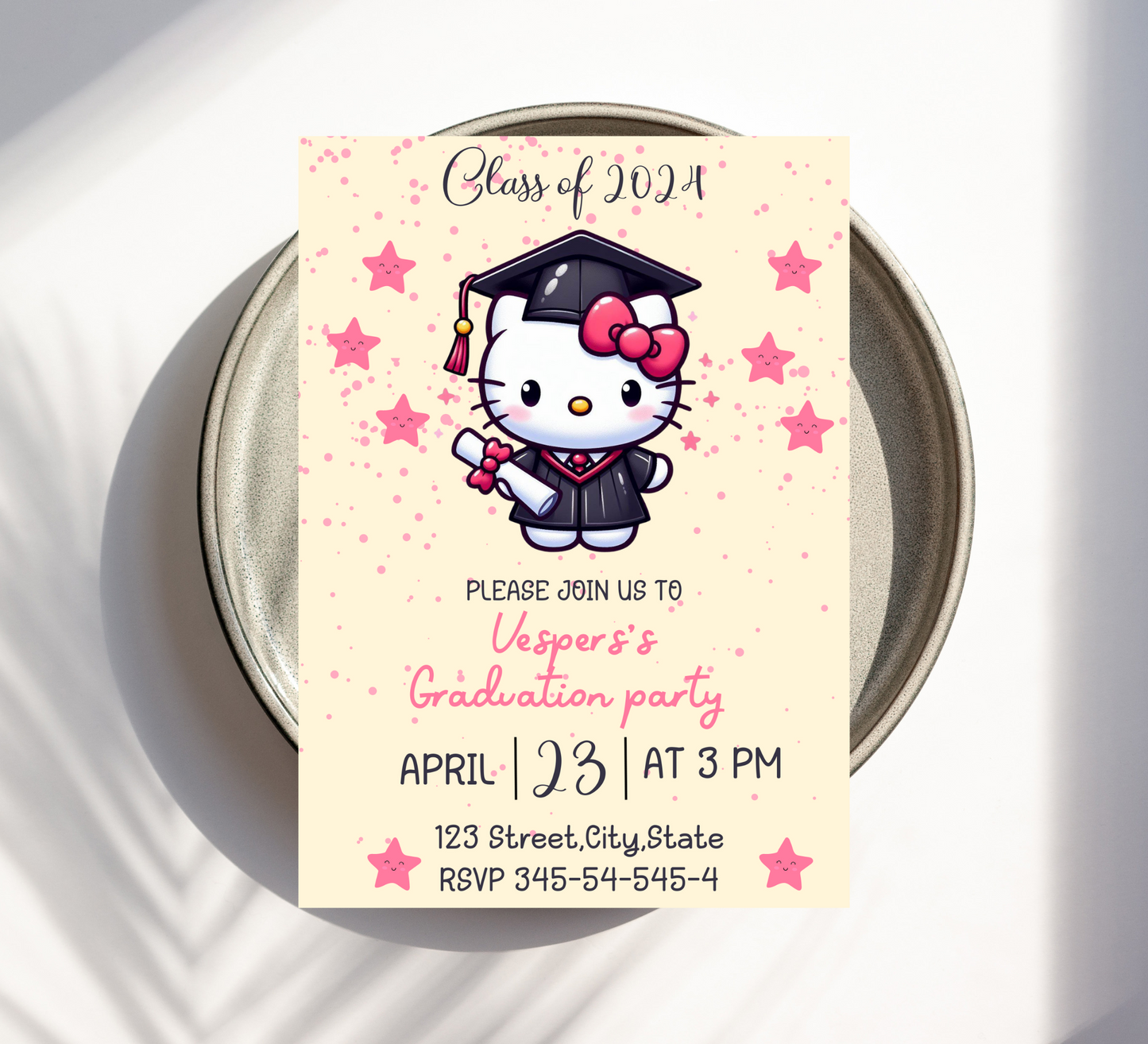 Hello Kitty Kawaii Graduation Invitation | Preschool, Kindergarten & School Editable Canva Template | Cute Pink Printable Graduation Invite