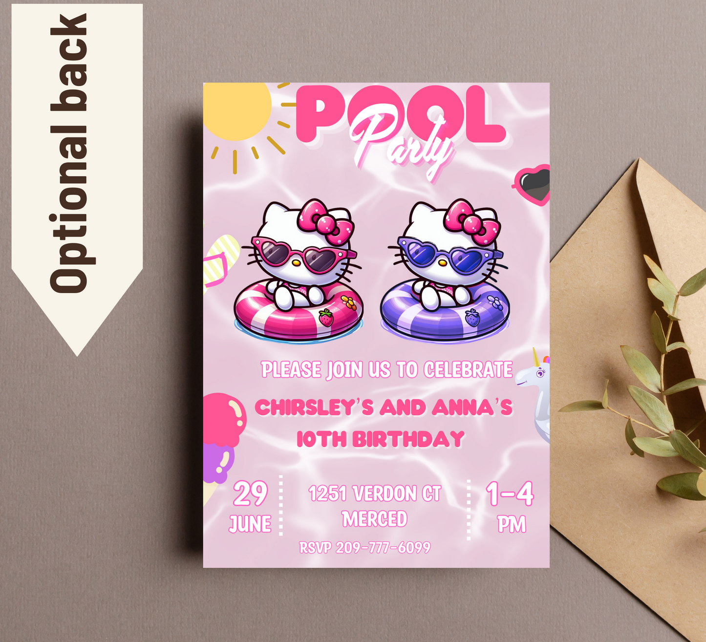 Hello Kitty Pool Birthday Invitation for Two Kids | Editable Canva Template | Kawaii Swim Party Invite | Printable Double Birthday Invitation