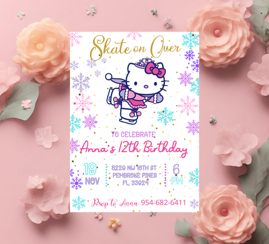 Hello Kitty Ice Skating Winter Birthday Invitation | Editable Canva Template | Snowy Slumber Party Invite | Printable Kids Birthday Invitation