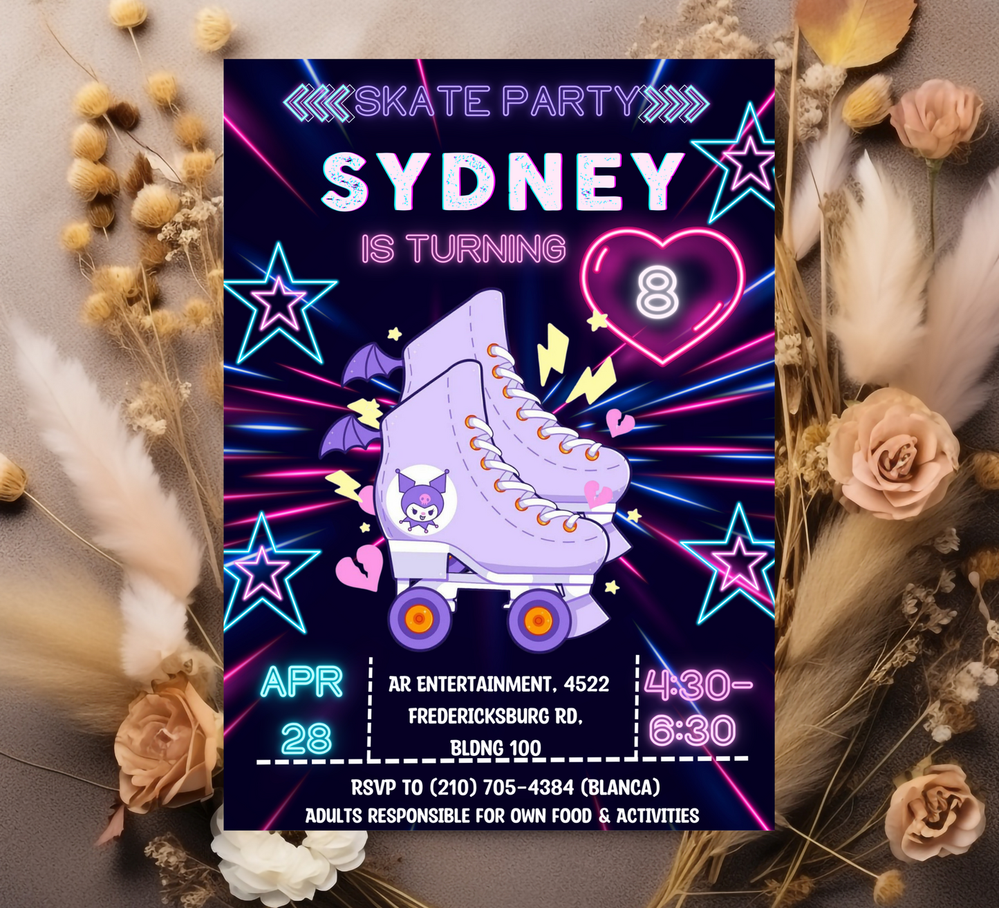 Kawaii Kuromi Neon Roller Skating Birthday Invitation | Glow Party Skate Invite | Editable Canva Template | Cute Sanrio Roller Rink Invitation