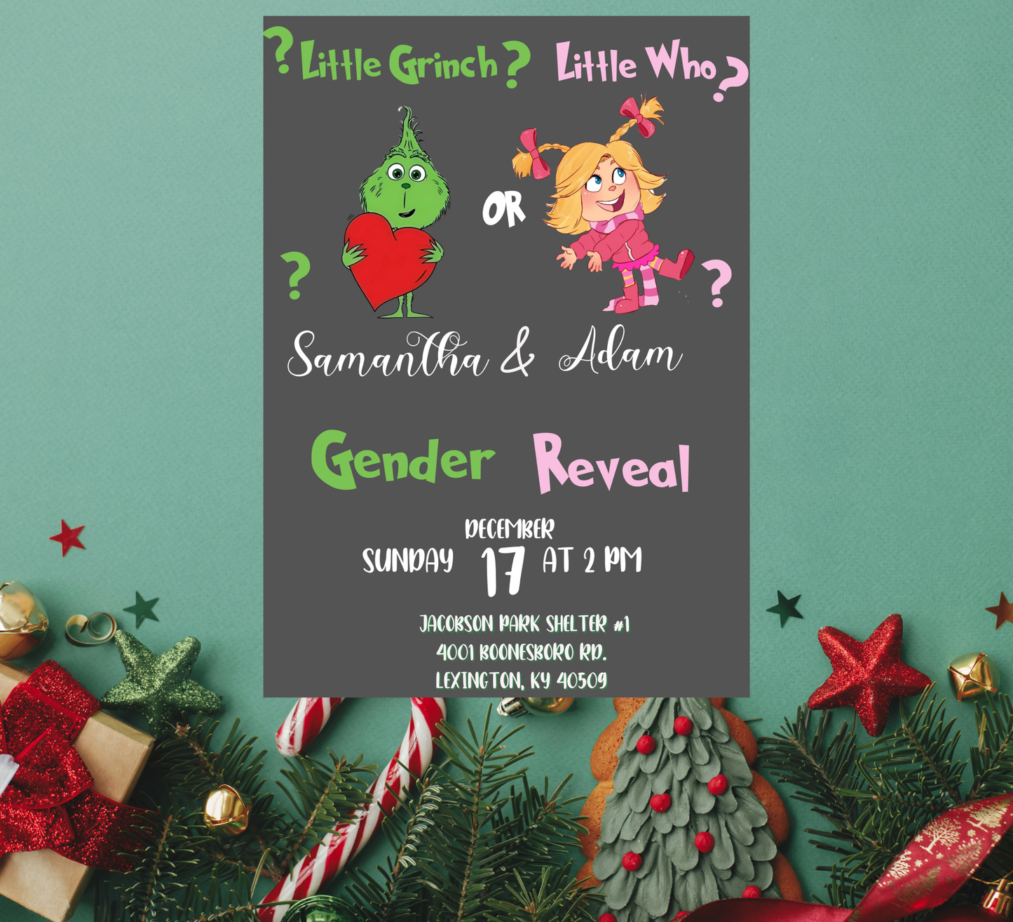 Grinch & Cindy Lou Christmas Gender Reveal Invitation | Pink & Green Holiday Reveal | Editable Template