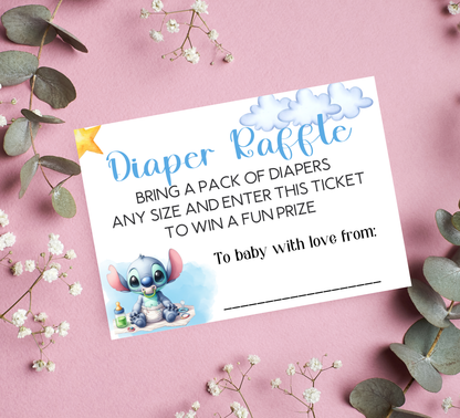 Stitch & Angel Watercolor Baby Shower Games Bundle | Diaper Raffle & Book Request Canva Template