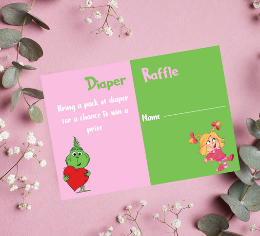 Grinch & Cindy Lou Diaper Raffle Tickets | Editable Canva Template | Printable Baby Shower Game | Holiday Themed Baby Shower