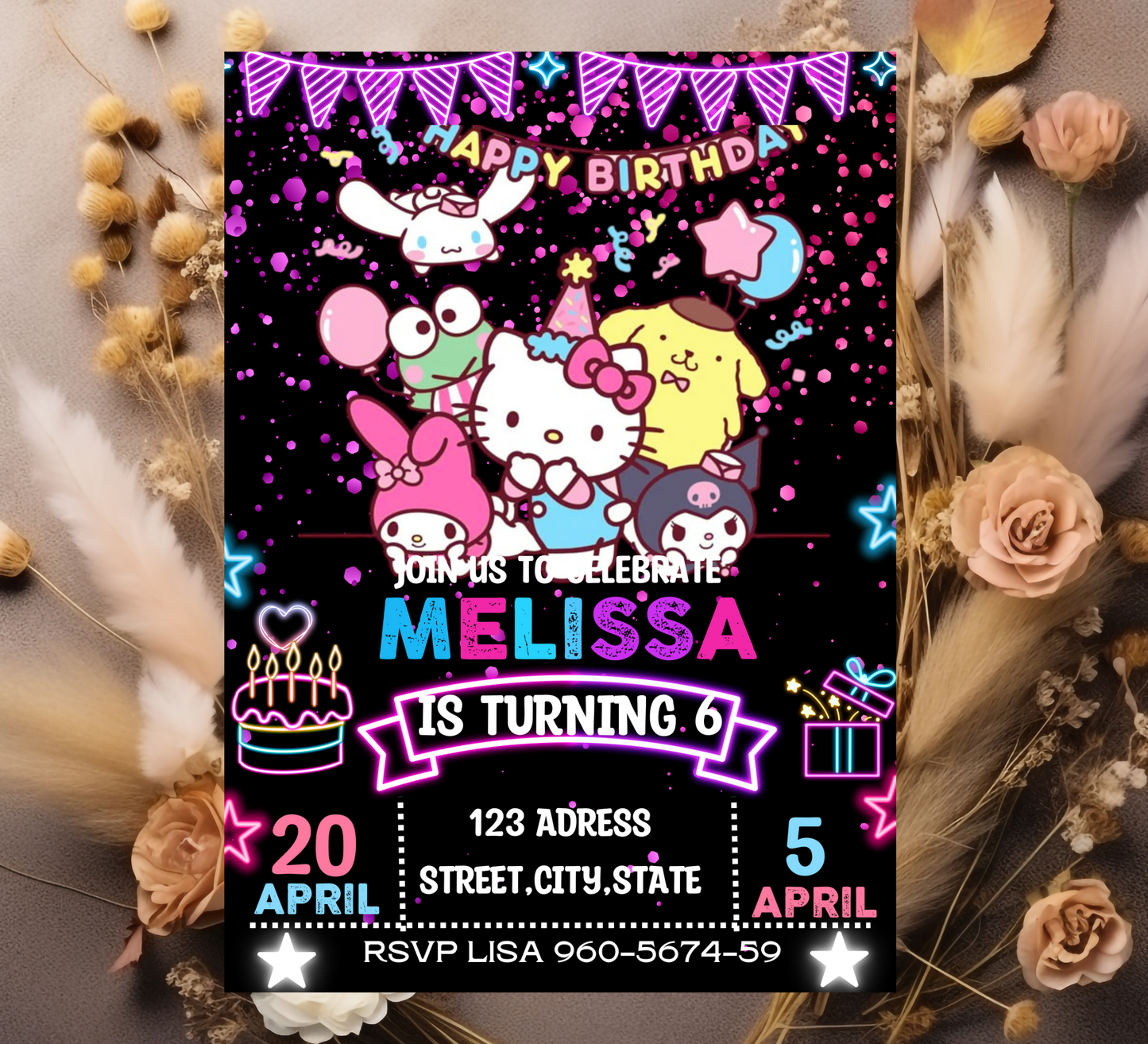 Hello Kitty & Friends Kawaii Neon Birthday Invitation | Editable Canva Template | Cute Glow Party Invite | Printable Girls Birthday Invitation