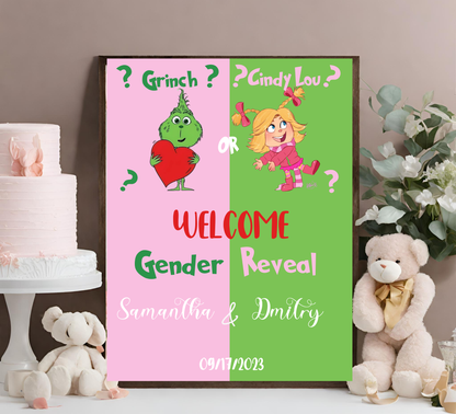 Grinch & Cindy-Lou Gender Reveal Invitation | Pink & Green Holiday Theme | Editable Canva TemplateGrinch & Cindy-Lou Gender Reveal Invitation | Pink & Green Holiday Theme | Editable Canva Template